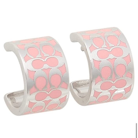 Coach Signature C Enamel Huggie Earrings Pink/Silver NWT - Picture 3 of 7